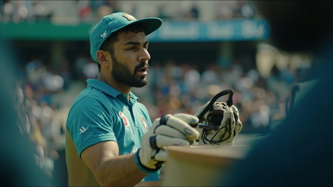 Medium view of an Indian batter walking back to the pavilion past the Indian dressing room after being dismissed in a Test match, framed from a low camera angle near the sightscreen