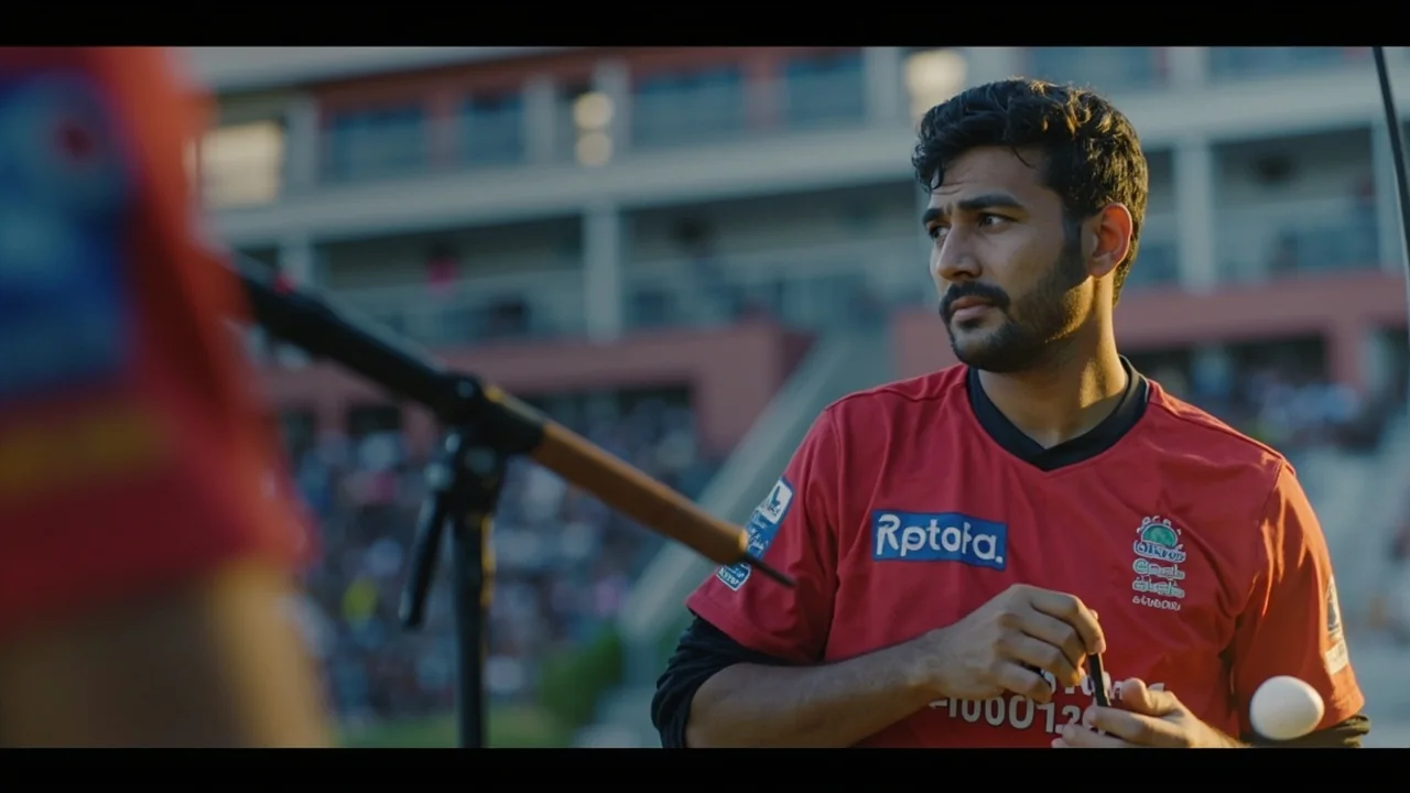 Editorial medium shot of a Tamil Nadu T20 bowling mark at the NPR College Ground with evening shadows across the run-up, framing the role-allocation and bowler-rotation read for Match 20 between Vida Kovai Kings and Trichy Grand Cholas